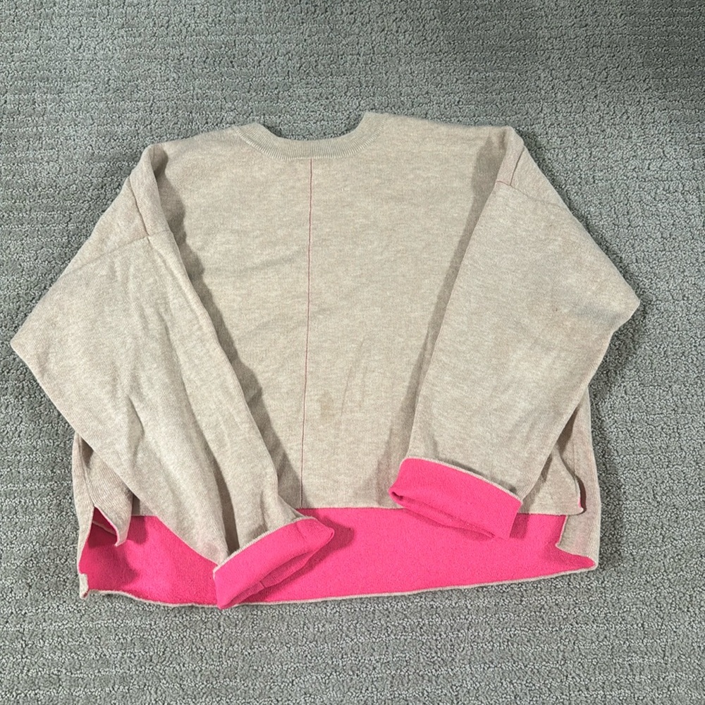 Autumn Cashmere Tan Crewneck Sweater withh Hot Pink Inside